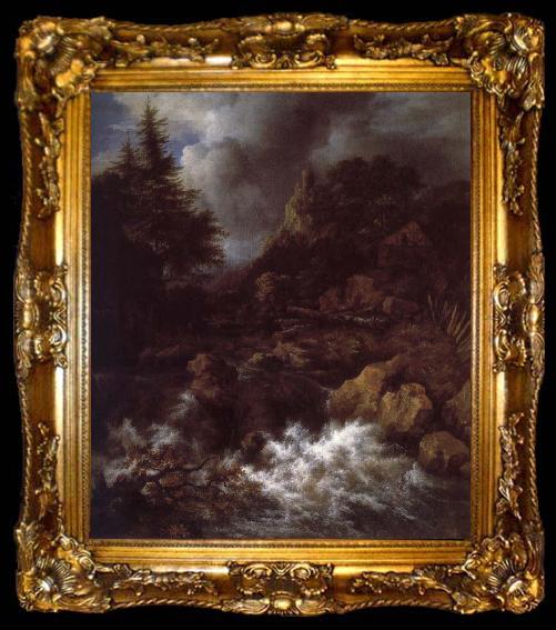 framed  Jacob van Ruisdael Waterfall with a Half-timbered House and Castle, ta009-2